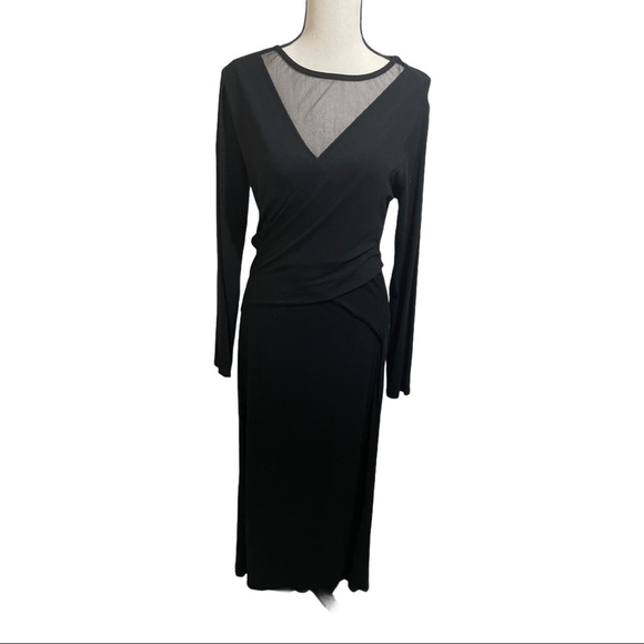Vince Camuto V neck net style faux wrap dress Black size medium. Midi. - Picture 2 of 11
